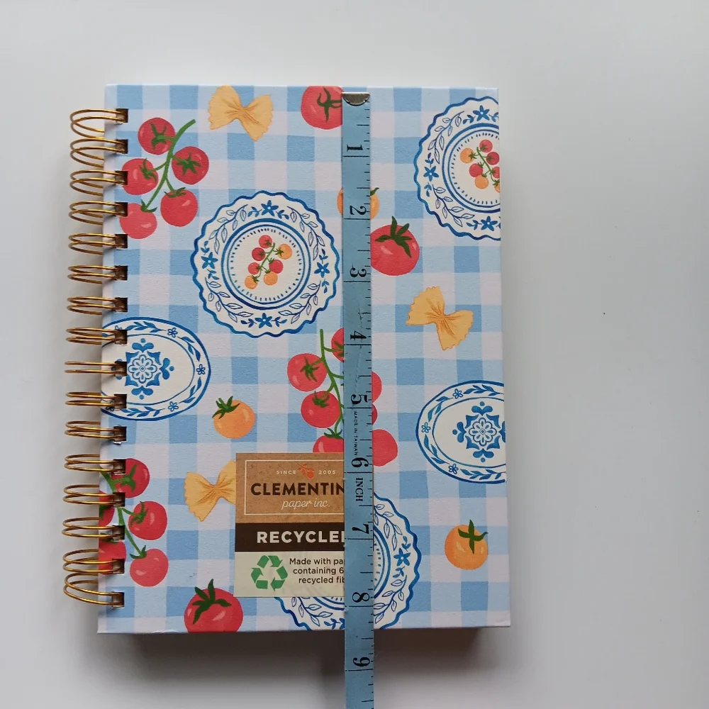 New Clementine Spiral-Bound Notebook Lined Plaid Tomatoes Pasta Food Blue White